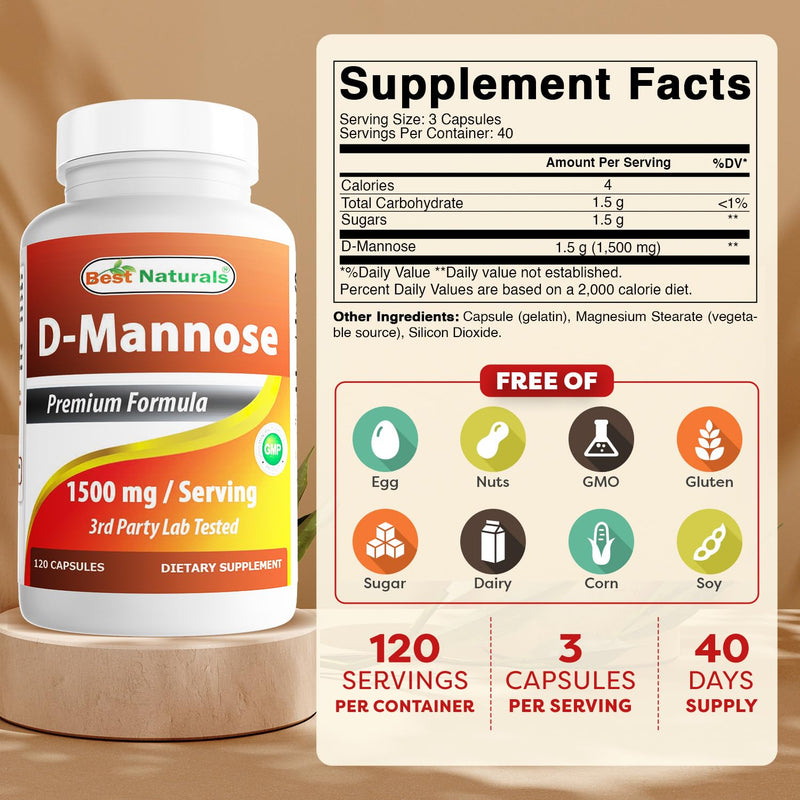 Best Naturals D-Mannose Capsules - Urinary Tract Cleanse Supplement 1500mg/Serving - 120 Count 120 Count (Pack of 1)