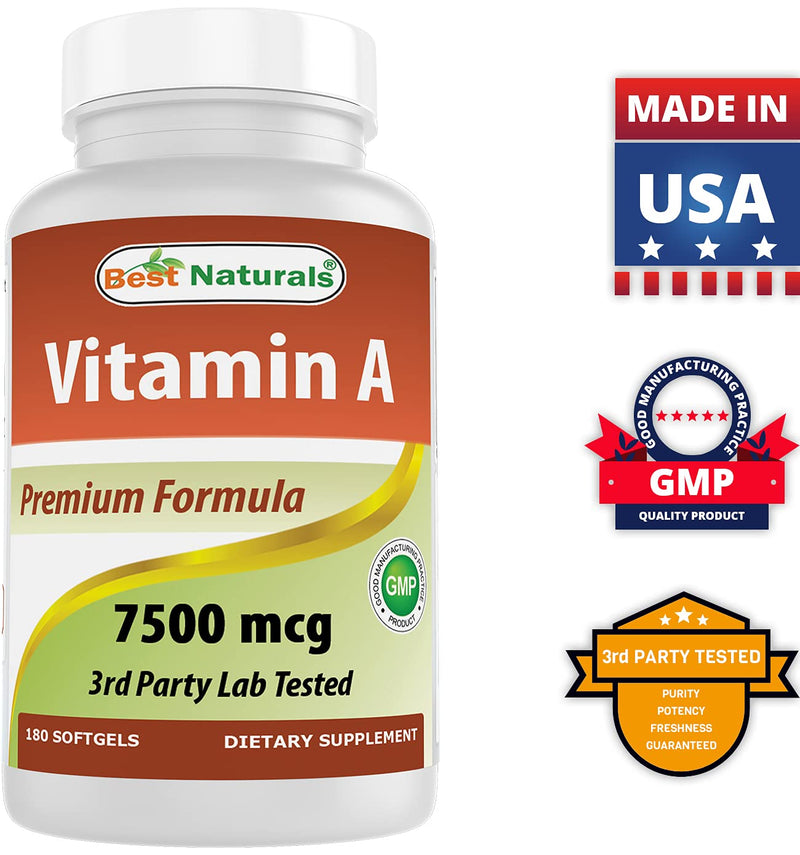 Best Naturals Vitamin A 25000 IU (7500 mcg), Non-GMO Formula Supports Healthy Vision & Immune System and Healthy Growth & Reproduction, 180 Softgels (180 Count (Pack of 2))