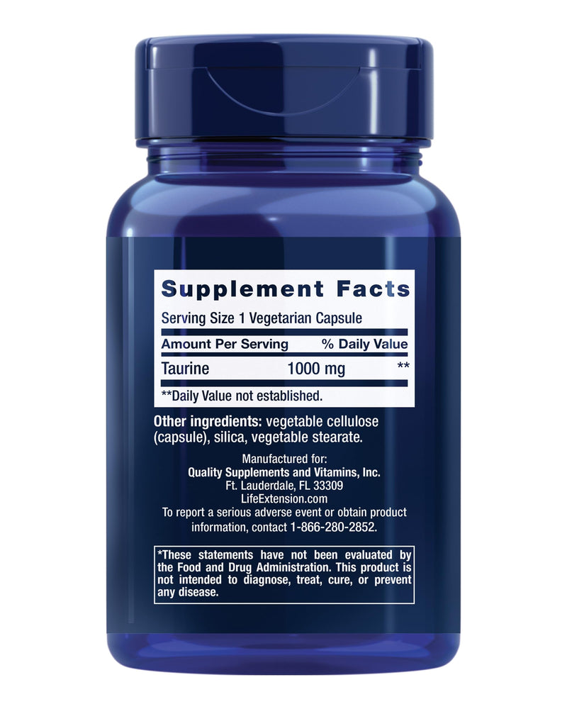 Life Extension Taurine, Pure Taurine Amino Acid Supplement, Heart, Liver and Brain Health, Longevity, Muscle and Exercise, 1000 mg dose, Non-GMO, Gluten-Free, Vegetarian, 90 Vegetarian Capsules 90 Count (Pack of 1)