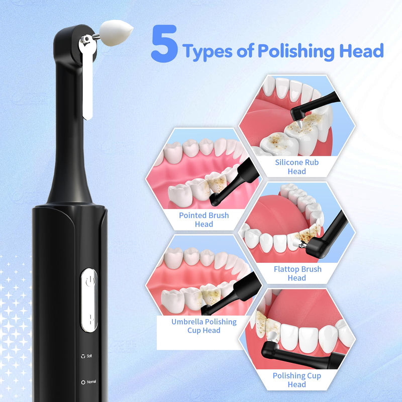 Electric Tooth Polisher, Plaque Remover for Teeth Whitening, Teeth Polishing Kits 4 Speed Modes，Rechargeable Dental Polisher for Cleaning, Waterproof Tooth Polish Tools with 5 Brush Heads& LED Light - BeesActive Australia