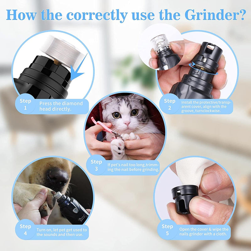 Pet Nail Grinder with LED Light & 2 Grinding Heads, 2-Speed Low Noise & More Powerful Dog Nail Grinder, Pet Nail Trimmer File, Painless Paw Claw Care, Quiet Toenail Grooming Tool for L/M/S Dogs/Cats Black (with LED Light) - BeesActive Australia