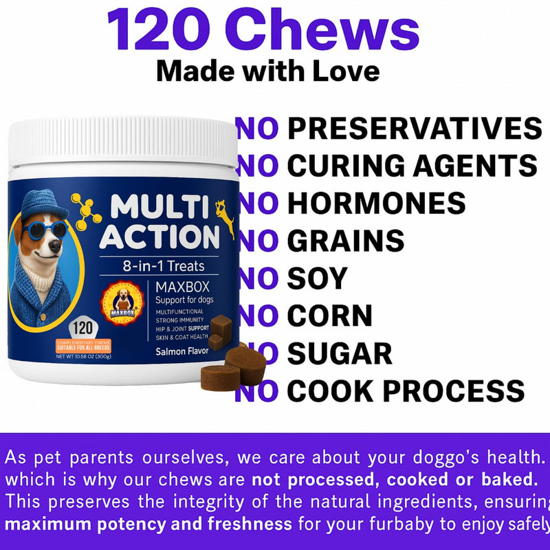 Dog Vitamins with DHA, Probiotics & CoQ10, Dog Supplements for 8-in-1 Multivitamin Treats, Complete Daily Wellness Supports Brain, Heart, Skin, Coat, Immunity, Digestion, Joints & Energy