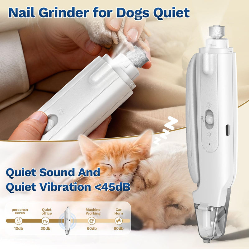 2-in-1 Dog & Cat Nail Clipper with Grinder - Dual Highlight LED Reduce Over-Trimming, Long Battery Cordless USB-C Rechargeable, Safety Lock & Catcher Cap, Quiet Home Grooming for Small Large Pets White