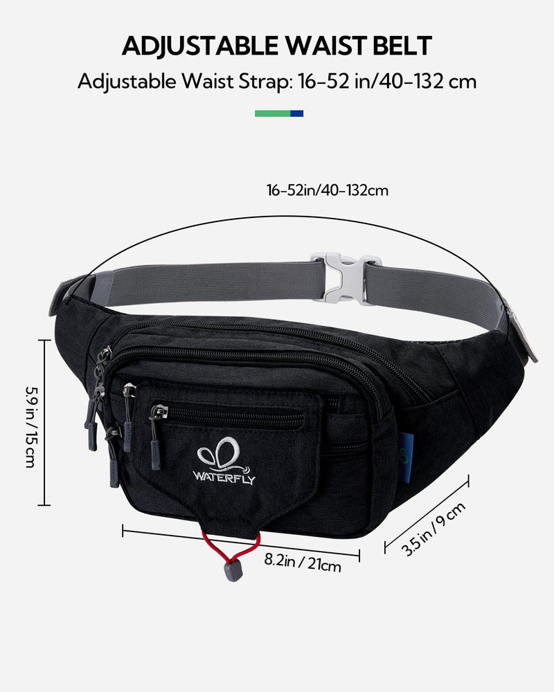 WATERFLY Running Belt Fanny Pack: Runner Marathon Jogging Waist Pack Sport Workout Exercise Fitness Phone Holder Belt for Men Women Jogger Slim Waistband Black Black with Peacock Blue Panel