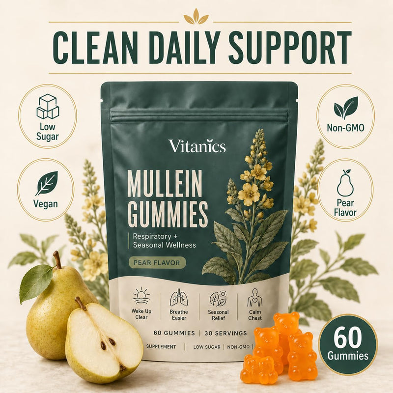 Vitanics Mullein Gummies with Quercetin and Bromelain, 60 Count | Mullein Leaf Extract for Lungs, Ashwagandha and Vitamin D3 in Pear-Flavored Gummies, Daily Respiratory Wellness