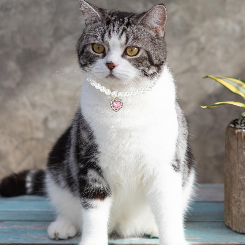3 Pcs Pearl Cat Collar Adjustable Dog Pearl Necklace Collar Heart Rhinestones Pet Necklace for Pet Wedding Party Birthday Jewelry Accessories Make Your Cats and Dogs More Charming (White Pink Green) - BeesActive Australia
