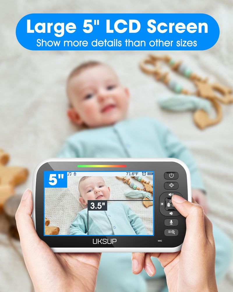 Baby Monitor with Camera and Audio - 5” Display Video Baby Monitor with 29 Hour Battery Life, Remote Pan & Tilt, 2X Zoom,Auto Night Vision, 2 Way Talk, Temperature Sensor,Lullabies,960 Feet Range 1 Camera - BeesActive Australia