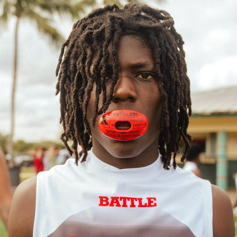 Battle Sports Oxygen Football Mouthguard - Football Mouth Guard with Strap, Superior Airflow & Better Performance, Maximum Breathability, Works with Braces - Texas Plate/White - BeesActive Australia
