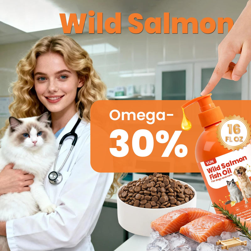 VUN Salmon Fish Oil for Dogs & Cats,Unflavored Omega 3 Oil Supplement for Itchy Dry Skin,Allergy Relief,Joints&Paws,Brain,Eyes&Heart Treatment,Wild Liquid Fish Oil by Pump with EPA DHA–16 oz