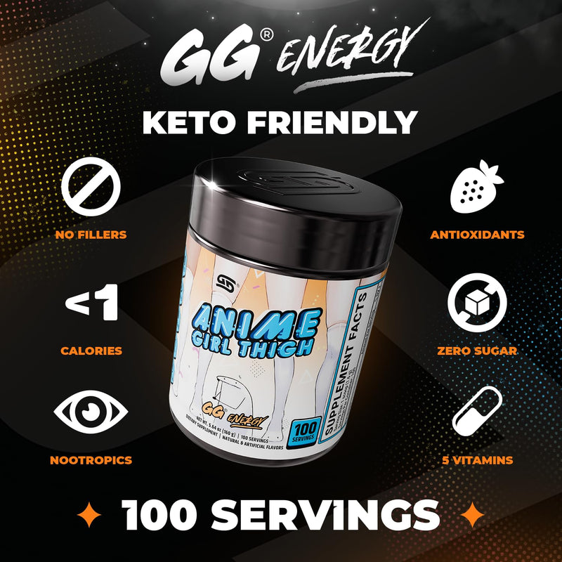Gamer Supps GG® Energy - Anime Girl Thigh (100 Servings) - Keto Friendly Gaming Energy and Nootropic Blend, Sugar Free + Caffeine + Vitamins + Immune Support, Powder Drink