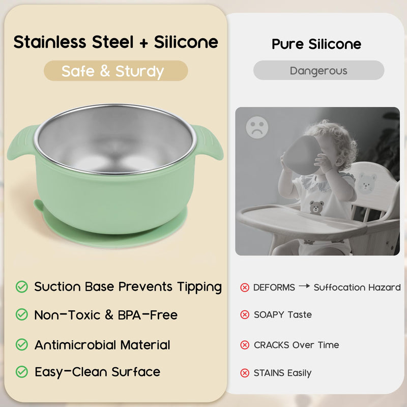Bella's Friends Stainless Steel and Silicone Baby Bowls with Suction 3 Pack, 4.3‚Äù for Toddlers Kids Feeding, Non-Slip, Non-Toxic, Mess-Free, Dishwasher Safe, Fit High Chair Size, beige green blue