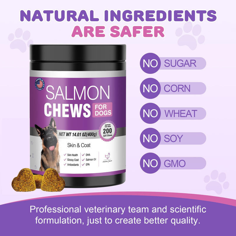 Omega 3 for Dogs Skin and Coat Supplement for Dogs 200 Chews Dog Fish Oil Supplements with EPA & DHA Fatty Acids Dry Skin Relief for Dogs Shedding Allergy Itching Salmon Oil for Dogs Chews Chicken - BeesActive Australia