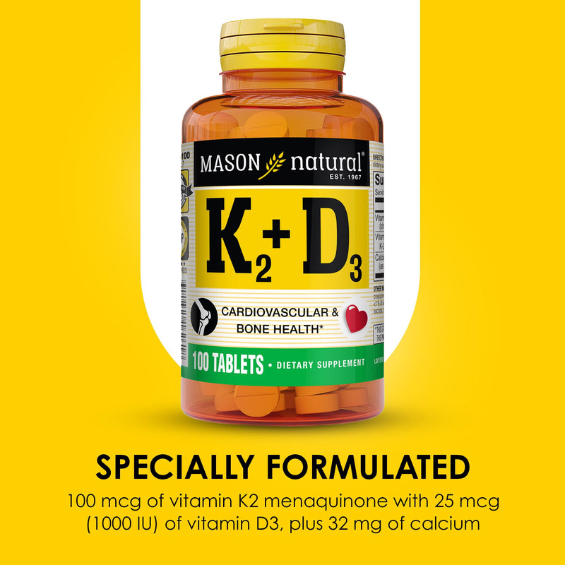 MASON NATURAL Vitamins K2 & D3 with Calcium, 300 Day Supply | 100mcg K2 with 25mcg (1000 IU) D3 & calcium to support normal bone & muscle function and calcium absorption; 300 tablets