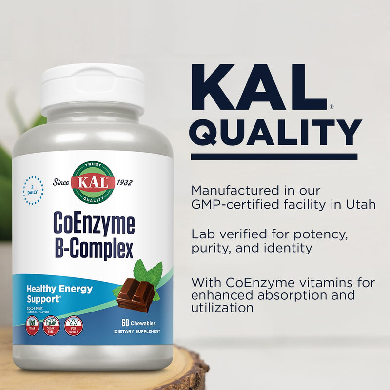 KAL CoEnzyme Vitamin B Complex, Chewable B Vitamins for Healthy Energy, Red Blood Cell and Nerve Function Support w/Vitamin B12, B6, Folic Acid, Natural Cocoa Mint, Vegan, Sugar Free, 30 Serv, 60ct 60 Count (Pack of 1)