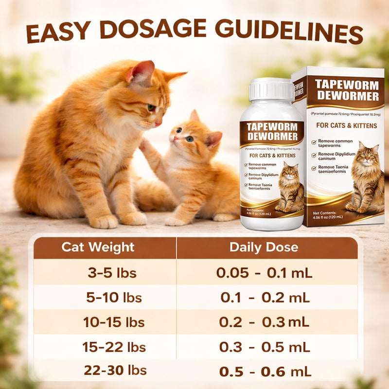 Cat Dewormer Liquid Broad Spectrum Treatment for Tapeworms, Roundworms & Hookworms with Praziquantel & Pyrantel Pamoate, 120ml