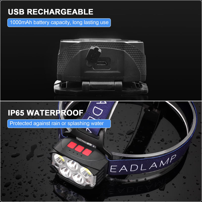 Head Torch Rechargeable Super Bright 2000lm Headlamp LED Headlight IP65 Waterproof Grade with Motion Sensor Switch, 14 Lighting Modes for Running Camping Hiking Outdoor Sports [Energy Class A++]
