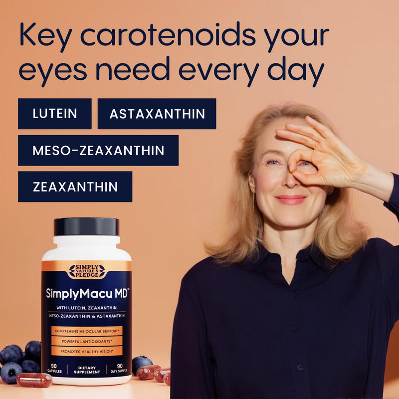 Simply Nature's Pledge Macu MD | Eye Vitamins | 3-Month Supply with Lutein, Zeaxanthin, Meso-Zeaxanthin, Astaxanthin & Bilberry Extract | Advanced Macu Health Vision Support 90 Count (Pack of 1)