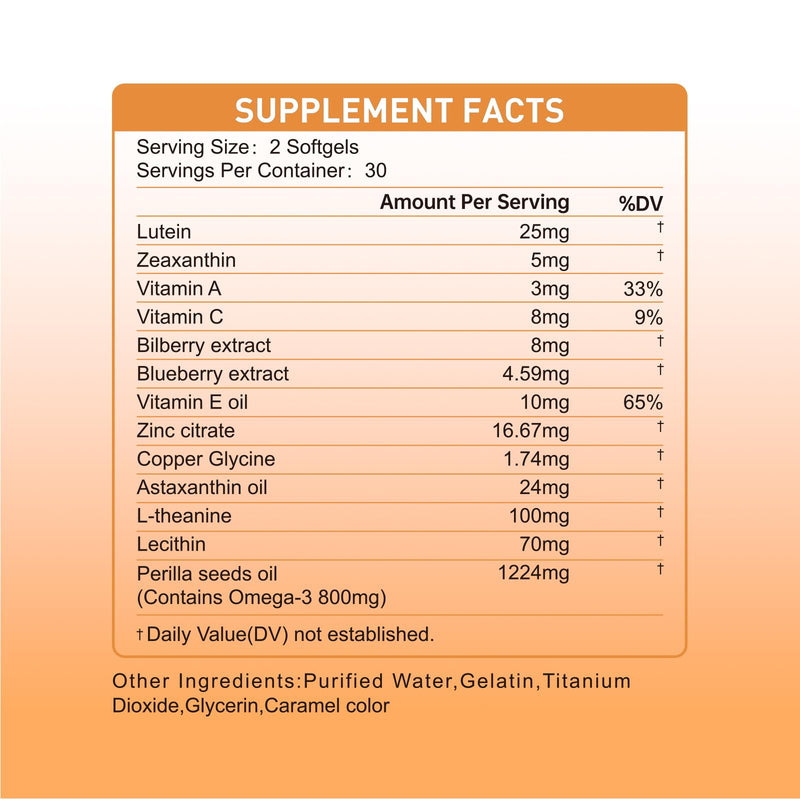 14 in 1 Eye Vitamins, 25mg Lutein, 5mg Zeaxanthin, 24mg Astaxanthin, 800mg Omega-3 & 100mg L-Theanine, Supports Eye Health, Moisture and Comfort*