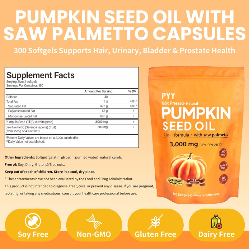 PYY Cold-Pressed Pumpkin Seed Oil & Saw Palmetto Softgels | 300 Count | Rich in Essential Fatty Acids & Phytosterols | Promotes Healthy Hair, Urinary Function, Bladder & Prostate Support 1 Count (Pack of 300)