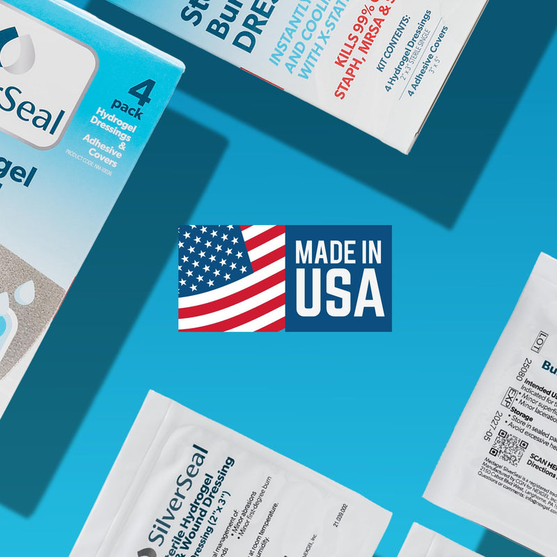 SilverSeal Hydrogel Burn & Wound Dressing Kit with X-Static Silver - FDA Cleared Care for Burns, Cuts & Wounds ‚Äì Soothing Moisture, Relief & Protection - 4 (2‚Äùx3‚Äù) Hydrogels + 4 (3‚Äùx5‚Äù) Adhesive Pads - BeesActive Australia