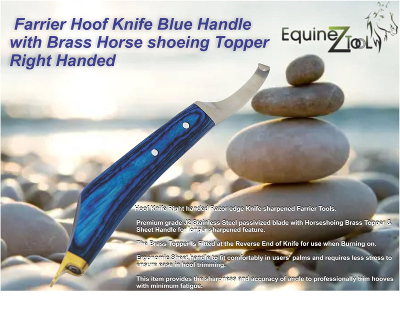 Equinez Tools Farrier Hoof Knife Blue Handle with Brass Horseshoeing Topper – Right Handed