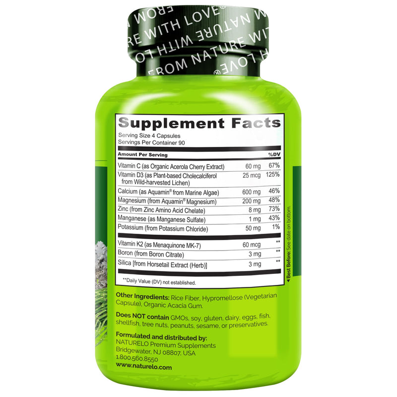 NATURELO 600mg Calcium Supplement for Bone Strength, VIT D3, 360 Capsules | Magnesium, Zinc, Vit K2, for Women & Older Adults, Plant-Based, Well Tolerated, NSF Contents Certified, MFD in GMP Facility Unflavored 360 Count (Pack of 1)