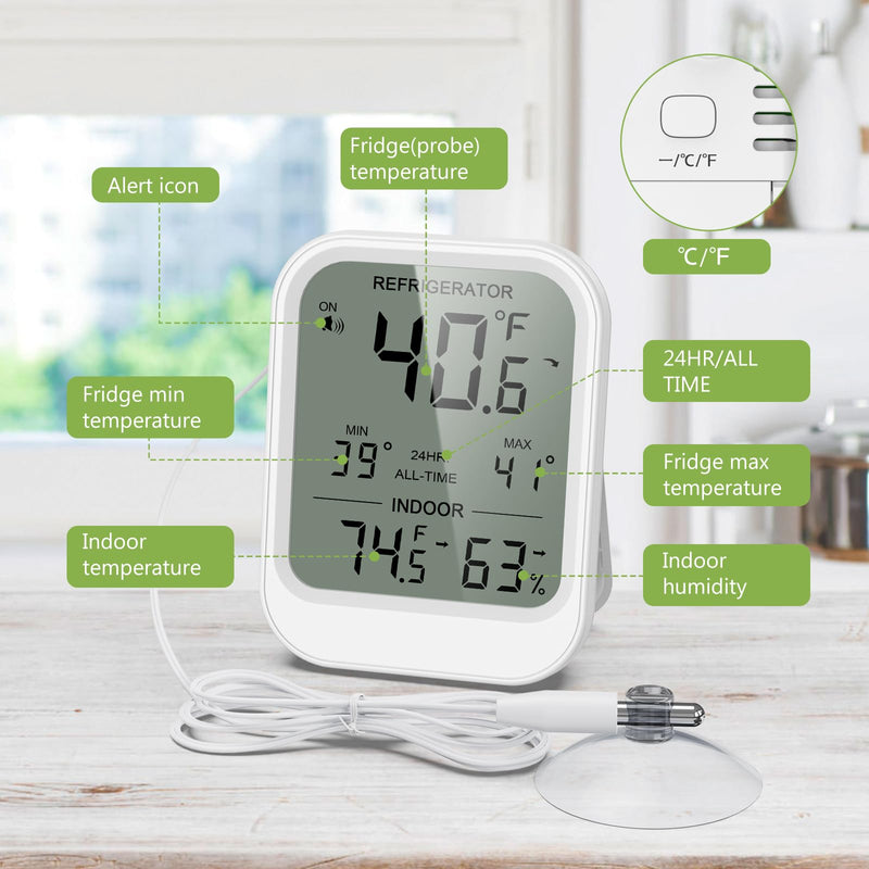 KeeKit Refrigerator Thermometer, Digital Freezer Thermometer with Waterproof Probe & Suction Cup, Temperature Monitor with Alarm, LCD Display, Min/Max Recording, for Fridge, Aquarium, Food Storage