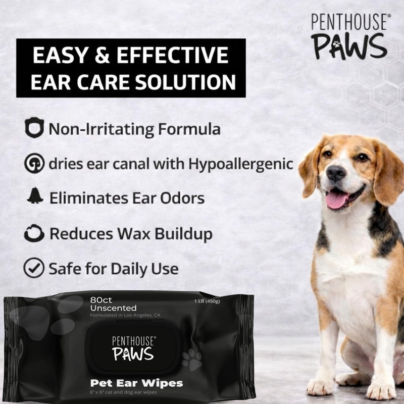 PENTHOUSE PAWS Pet Ear Wipes for Dogs & Cats, Unscented Ear Cleaning Wipes with Aloe Vera & Witch Hazel, Alcohol-Free Extra Large 8”x6” Wipes for Removing Wax, Dirt & Odor, 80 Count