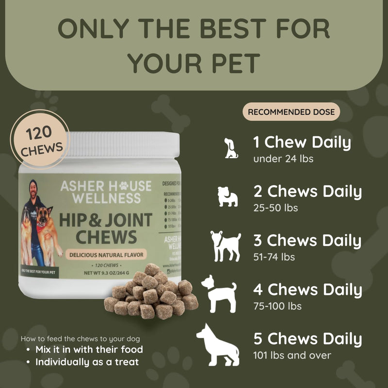 Asher House Wellness Hip and Joint Supplement for Dogs - Natural Soft Chew with MSM, Chondroitin, Glucosamine, Vitamins - Promotes Joint Health & Pain Relief Senior & All Dog Breeds, Large, 120 Chews - PawsPlanet Australia