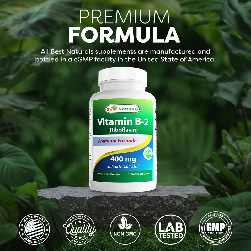 Best Naturals Vitamin B2 (Riboflavin) 400mg - Migraine Relief - Veggie Capsules - Conezyme Precursor - 120 Count (120 Count (Pack of 3)) 120 Count (Pack of 3)