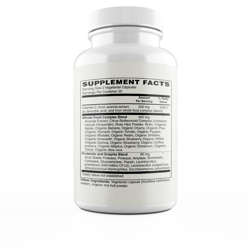 Vitamin C | 500mg Whole Food Vitamin C from Acerola Cherry Extract with Citrus Bioflavonoid Complex | 23 Organic Fruits & Vegetables Blend | Probiotics and Enzymes | 60 Vegan Capsules