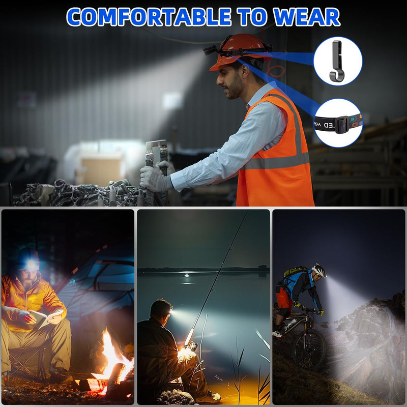 High Lumen Rechargeable Headlamp, Super Bright Head Lamp, 90°Angle Head Lights for Forehead, Adjustable Focus Headlight, 4Mode LED Headlamp Rechargeable, Headlamps for Adults Hard Hat Camping (2Pack) 2Pack