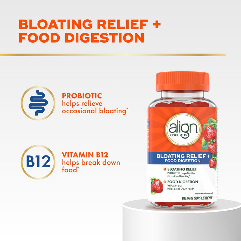 Align Probiotic, Bloating Relief + Food Digestion, Probiotics for Women and Men, Probiotic Helps Soothe Occasional Bloating*, With Vitamin B12 to Help Break Down Food into Cellular Energy*,60 Gummies 60 Count (Pack of 1)