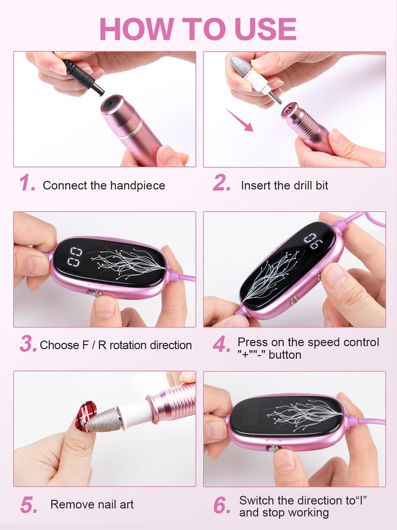 Subay Professional Manicure Pedicure Kit, Electric Nail Drill Set with LED Display, 25000RPM, 11-Piece Attachments Plus 20 Sanding Bands, Nail Grinder Tool for Women Men Baby Pets, with Dust Brush 1.pink - BeesActive Australia