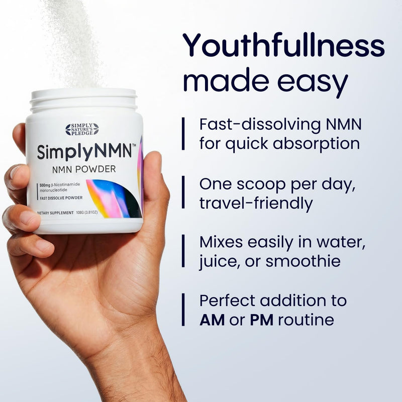 Simply Nature's Pledge Simply NMN Powder – 108g Fast Dissolve Nicotinamide Mononucleotide – 500mg Pure NMN NAD+ Booster – USA Manufactured & Third-Party Tested - The Renued Science of Longevity 3.81 Ounce (Pack of 1)