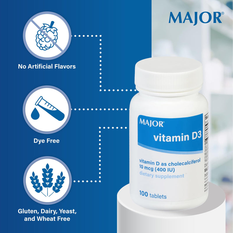 MAJOR Vitamin D3 10mcg (400 IU) - Contains 25mg of Calcium - Dietary Supplement - 100 Tablets (3 Pack) 100 Count (Pack of 3)