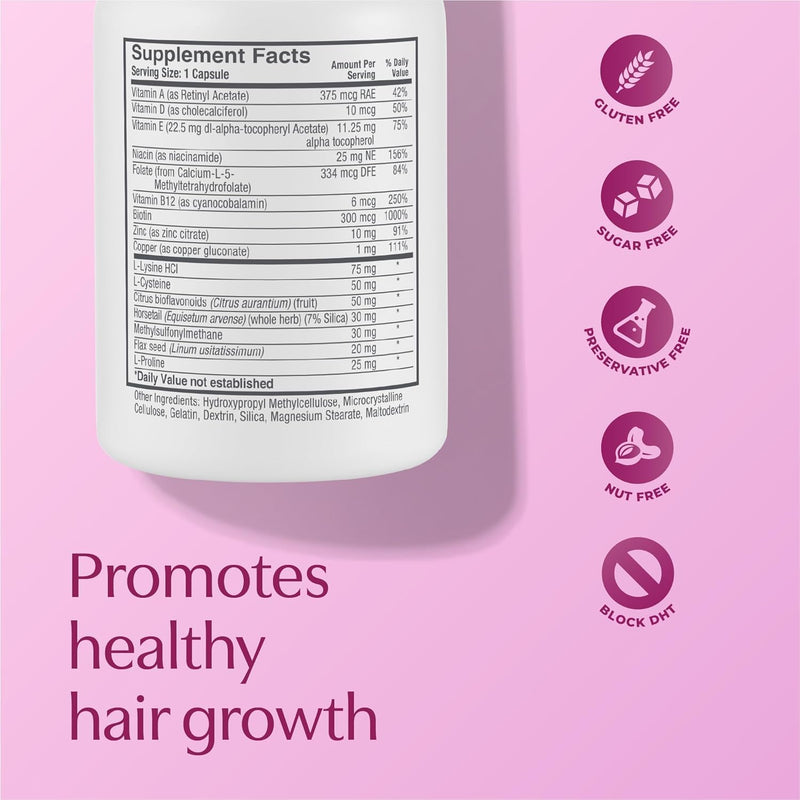 BosleyMD Women’s Healthy Hair Growth Supplements for Thicker, Fuller Hair– DHT-Blocking Botanicals with Biotin, Niacin, Zinc & L-Lysine – Rich in Vitamins & Minerals – 60 Capsules (2-Month Supply) Women's Supplement With Biotin (Raspberry Pink)