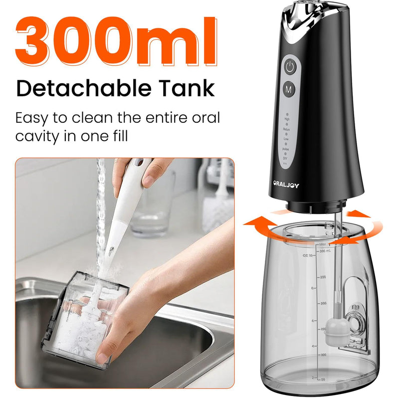 Water Dental Flosser Pick for Teeth - 300ML Portable Cordless Oral Irrigator, Rechargeable Irrigation Cleaner Professional Electric Flossing Machine for Teeth Cleaning Power Flosser Travel (Black) Black