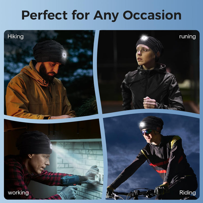 Bluetooth Beanie with Light for Men, Beanie with Light Unisex USB Rechargeable Hands-Free 4 LED, Headlamp Cap with Wireless Headphones Built-in Speaker Mic Gifts for Men Dad Teen (Black) One Size Black
