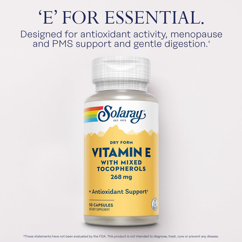 SOLARAY Vitamin E 400 IU (268mg), Dry Form with Mixed Tocopherols Vitamin E - Antioxidant Supplement, PMS and Menopause Support - 60-Day Guarantee, Lab Verified - 50 Servings, 50 Capsules | Antioxidant Supplement - Immune Support, PMS and Menopause Sup...