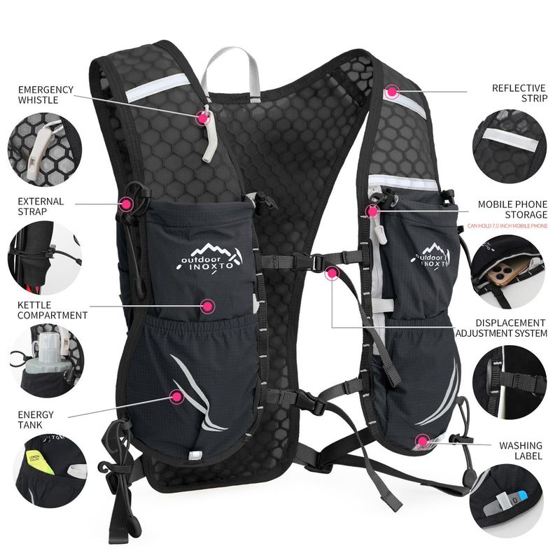 Running Vest for Women Men, Adjustable Chest Straps Running Hydration Vest with 500ml Soft Flask, Lightweight Breathable Reflective Hydration Backpack for Hiking black standard