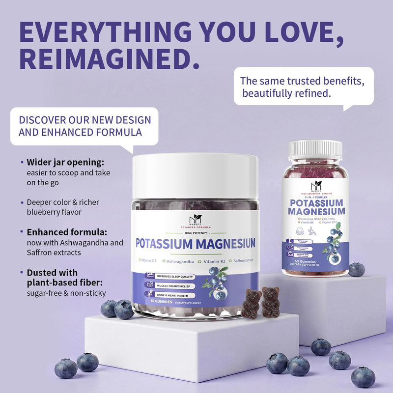 Potassium Magnesium Gummies Magnesium Glycinate 500mg for Sleep 2 Pack | Leg Cramps, With Calcium Zinc Vitamins, Sugar Free, Chewable Supplement, Support Healthy Muscle Relaxation for Daily Wellness Blueberry 60 Count (Pack of 2)