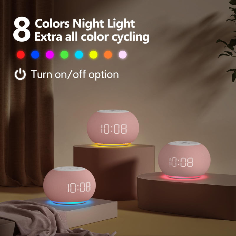 Reacher Auto Dimmable Sound Machine Alarm Clock with Night Lights, 20 Soothing Sounds, Sleep Timer, Precise Volume Control, Cute White Noise Soother for Girls, Kids, Bedrooms, Office Pink