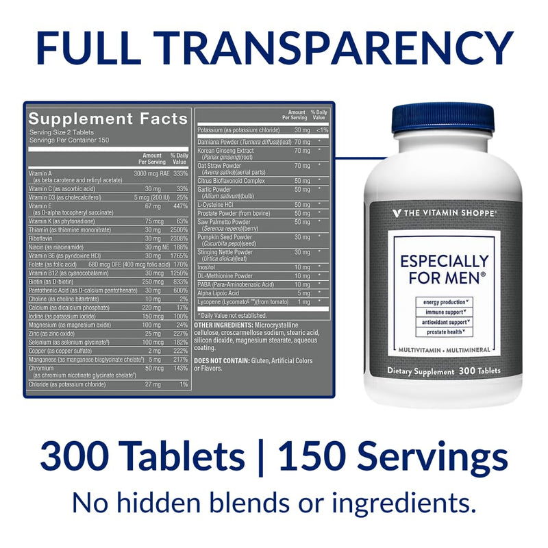The Vitamin Shoppe Brand Men's Multivitamin, Energy Support, 300 Tablets | Complete Daily Multi With Essential Vitamins & Minerals for Men’s Health, Energy Production & Wellness Support, Gluten Free 300 Count (Pack of 1)
