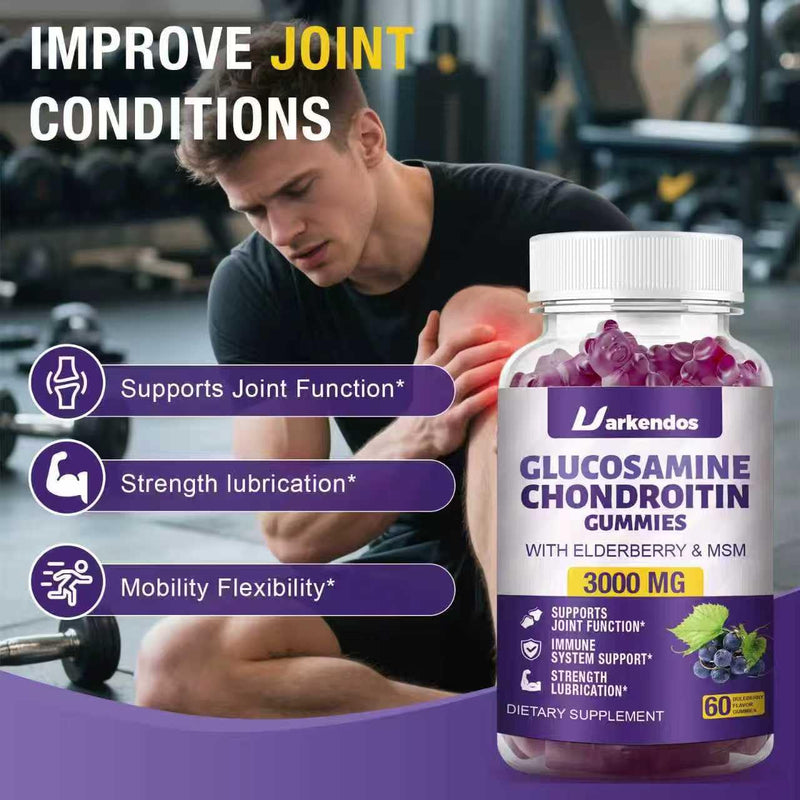 1 Pack 3000MG Glucosamine Chondroitin Gummies with MSM & Elderberry Extra Strength - Joint Support, Antioxidant Immune Support Supplement for Adults, Men & Women - 60 Blueberry Gummies 60 Count (Pack of 1)