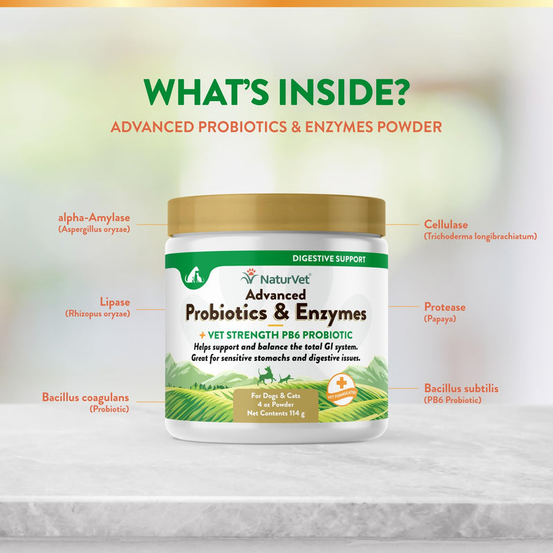 NaturVet – Advanced Probiotics & Enzymes - Plus Vet Strength PB6 Probiotic | Supports and Balances Pets with Sensitive Stomachs & Digestive Issues | for Dogs & Cats (4 oz) 4 oz Powder - BeesActive Australia