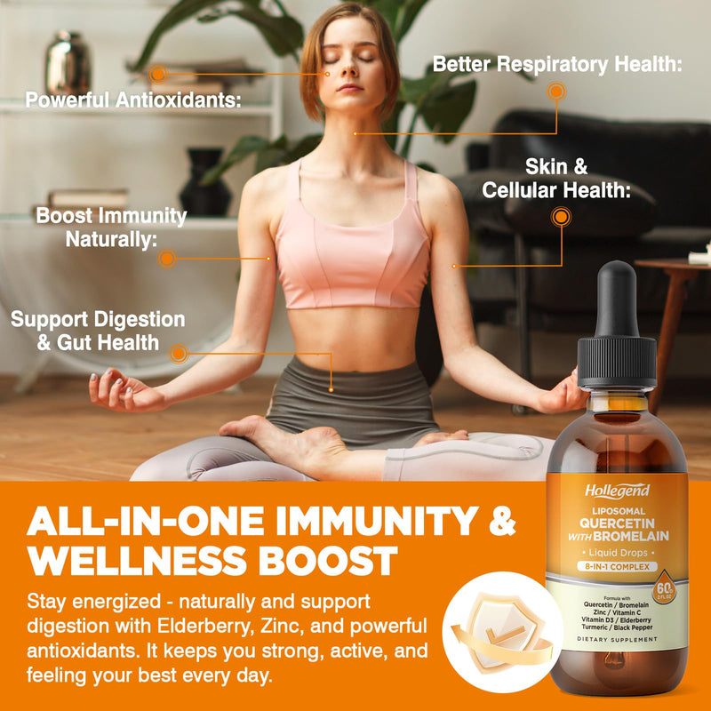 Liposomal Quercetin with Bromelain Liquid Drops, 8 in 1 Organic Quercetin 1000mg Supplements with Bromelain 500mg, Vitamin C, D3, Zinc, Elderberry, Turmeric for Immunity & Respiratory Health, 2 Fl Oz