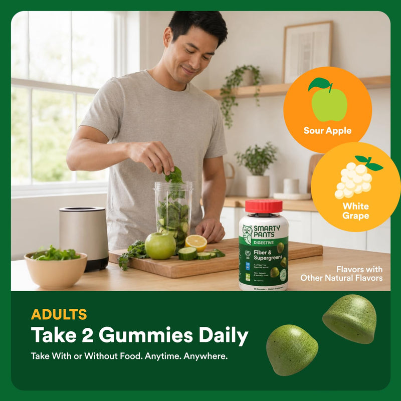 SmartyPants Fiber & Super Greens Gummies, Broccoli, Spinach, & Kale Blend to Support Gut Health, Prebiotic Fiber Gummies for Adults, Gluten Free, White Grape & Apple Flavor, 90 Count (30 Day Supply) Adult Supergreens