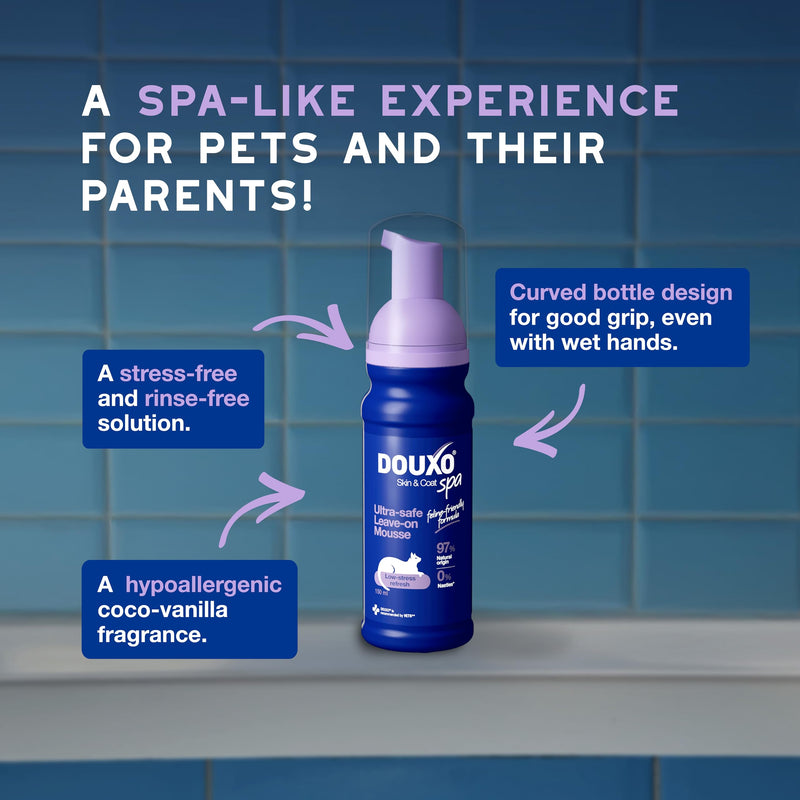 Douxo Spa Low-Stress Refresh Leave-on Mousse for Cats, 150 ml, Safely Cleans and Refreshes the Fur, Leaves the Coat Soft, Radiant and Smelling Great, pH Balanced, Hypoallergenic, Skin-Friendly Formula