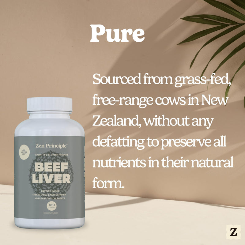 Zen Principle Ultra-Pure Desiccated Beef Liver, Grass-Fed & Finished New Zealand, No Hormones or GMOs, Natural Energy & Workout Support with Iron, Amino Acids & Vitamins. 180 Capsules